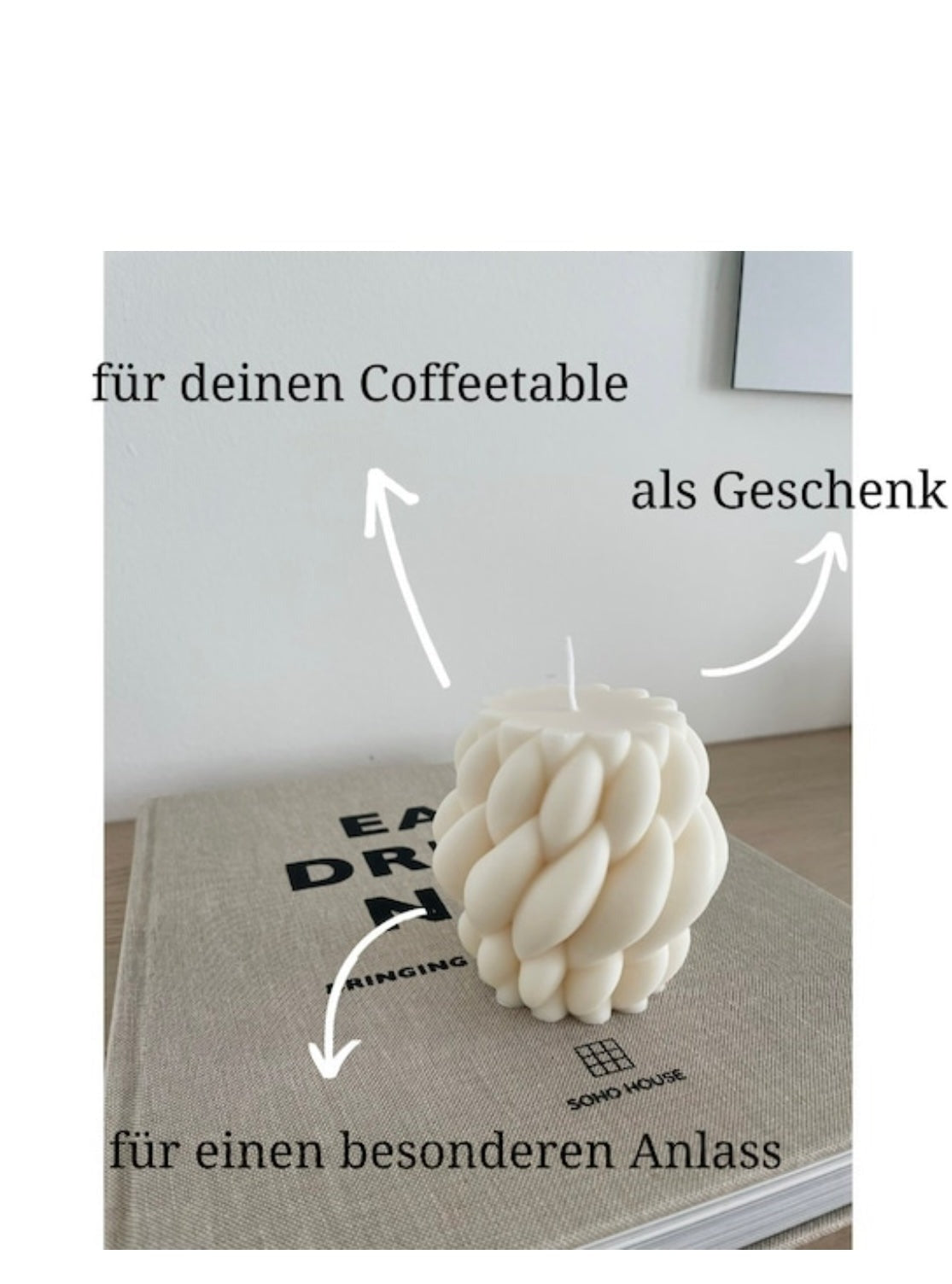 Geknotete Formkerze KARLA, aus Rapswachs, weiß, H 9 cm